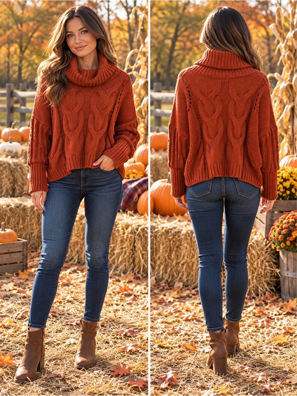Women’s Plush Cozy Cable Knit Turtleneck Sweater - Rust